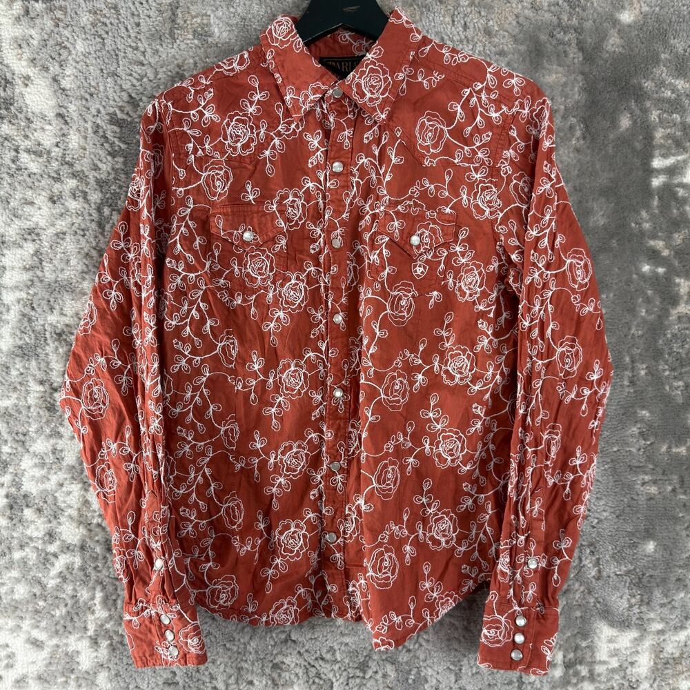 Ariat Size L Floral Embroidered Casual Button Top Burnt Orange Long Sleeve